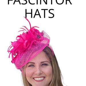 May include: A bright pink fascinator hat featuring a structured mesh base, intricate loops of stiffened fabric, and delicate feathers. The headpiece includes a fine netting veil that extends over the forehead, creating a layered and textured appearance.