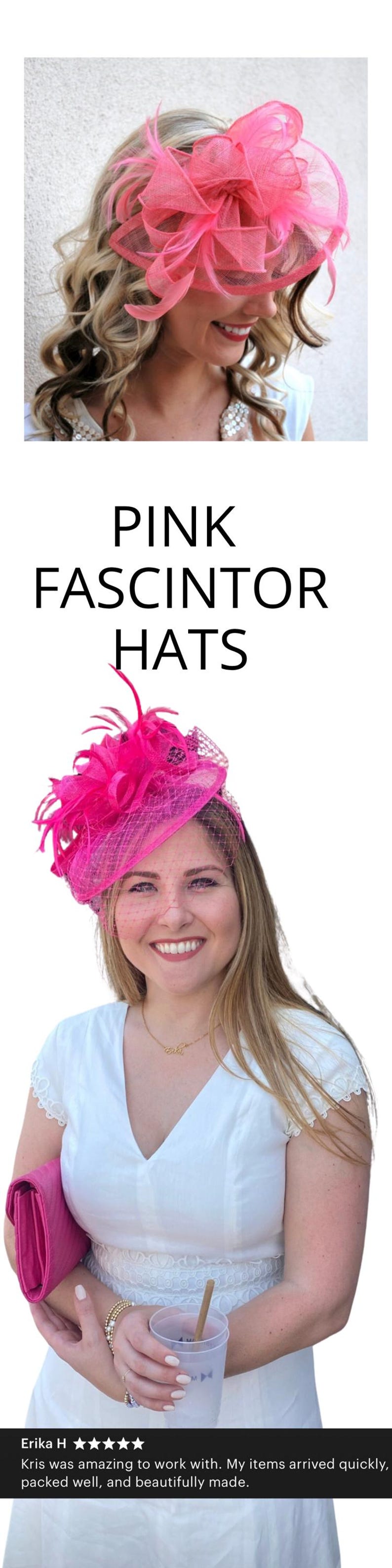 May include: A bright pink fascinator hat featuring a structured mesh base, intricate loops of stiffened fabric, and delicate feathers. The headpiece includes a fine netting veil that extends over the forehead, creating a layered and textured appearance.