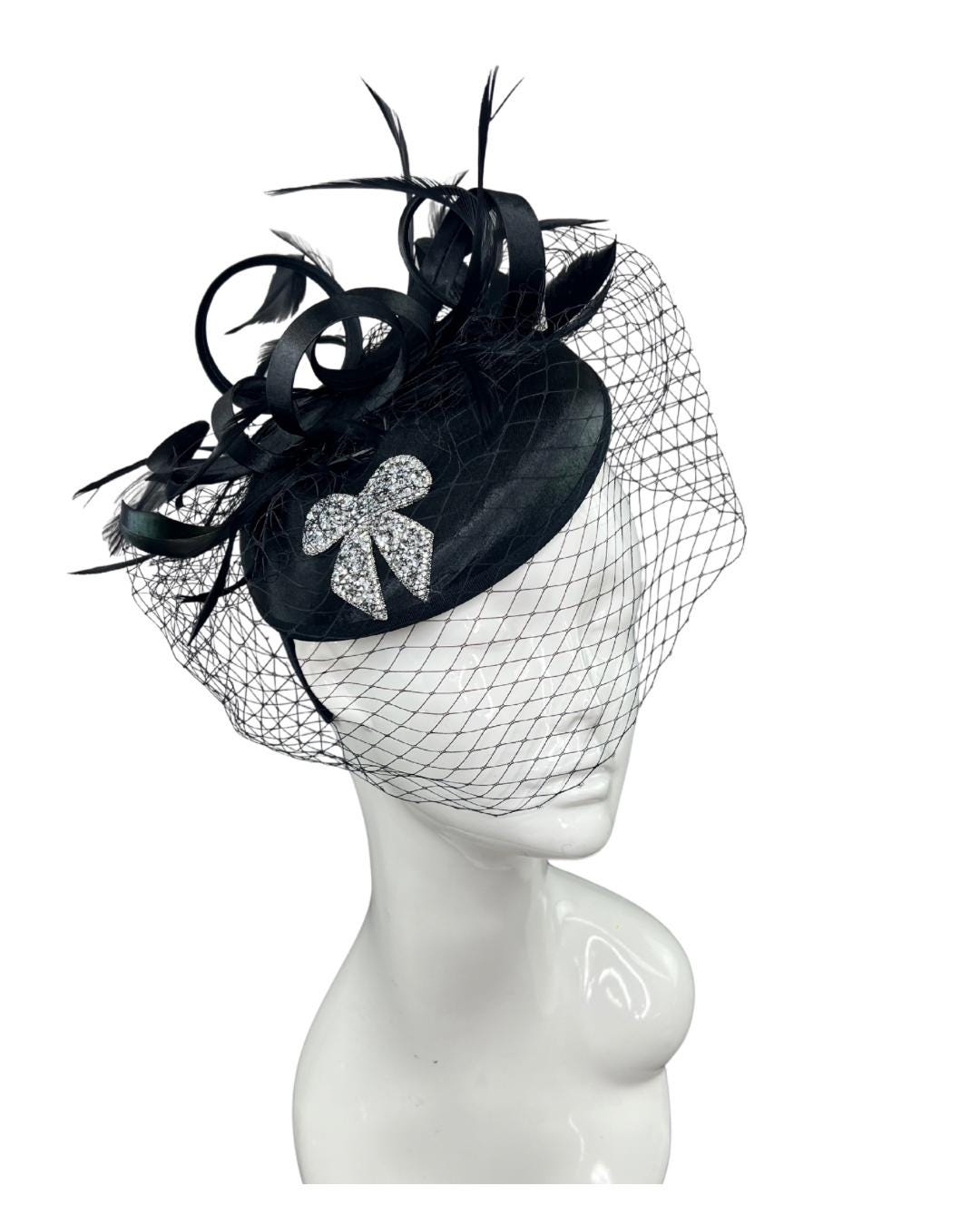 Black Fascinator Hat With Veil and Bow Accent, Formal  display picture 3