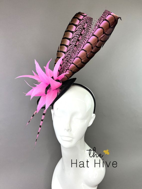 Black & Pink Feather Fascinator: Sinamay Tea Party Hat - Etsy display picture 3
