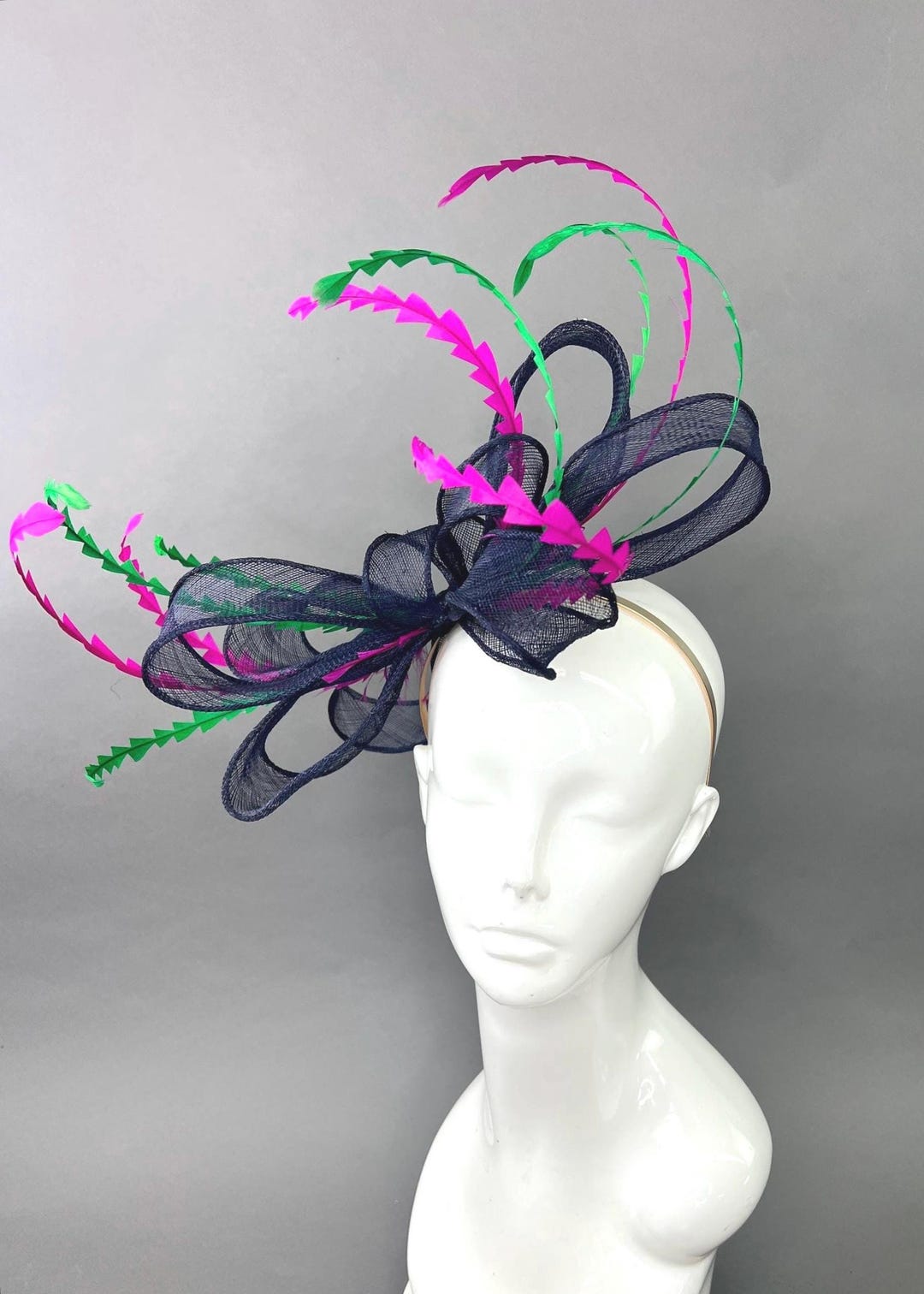 Navy Blue Bow Fascinator Hat Green and Fuchsia Headpiece for Wedding ...