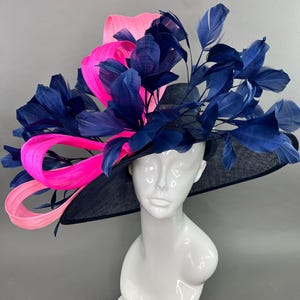 Pink sinamay Bow and Navy Blue Feather Kentucky Derby Hat, Church Easter Hat, Tea Party Hat, Blue Hat, Formal Hat, ladies Fashion Hat