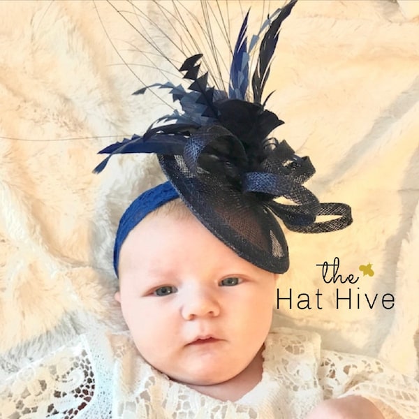 Baby Infant Fascinator on lace elastic headband for ages 3MO - 2 Years, Tea Party Hat, Kentucky Derby Hat, baby headband, Toddler Hat