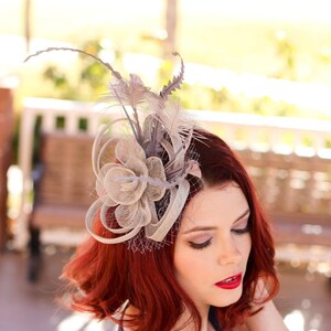 Gray Silver Fascinator Womens Tea Party 