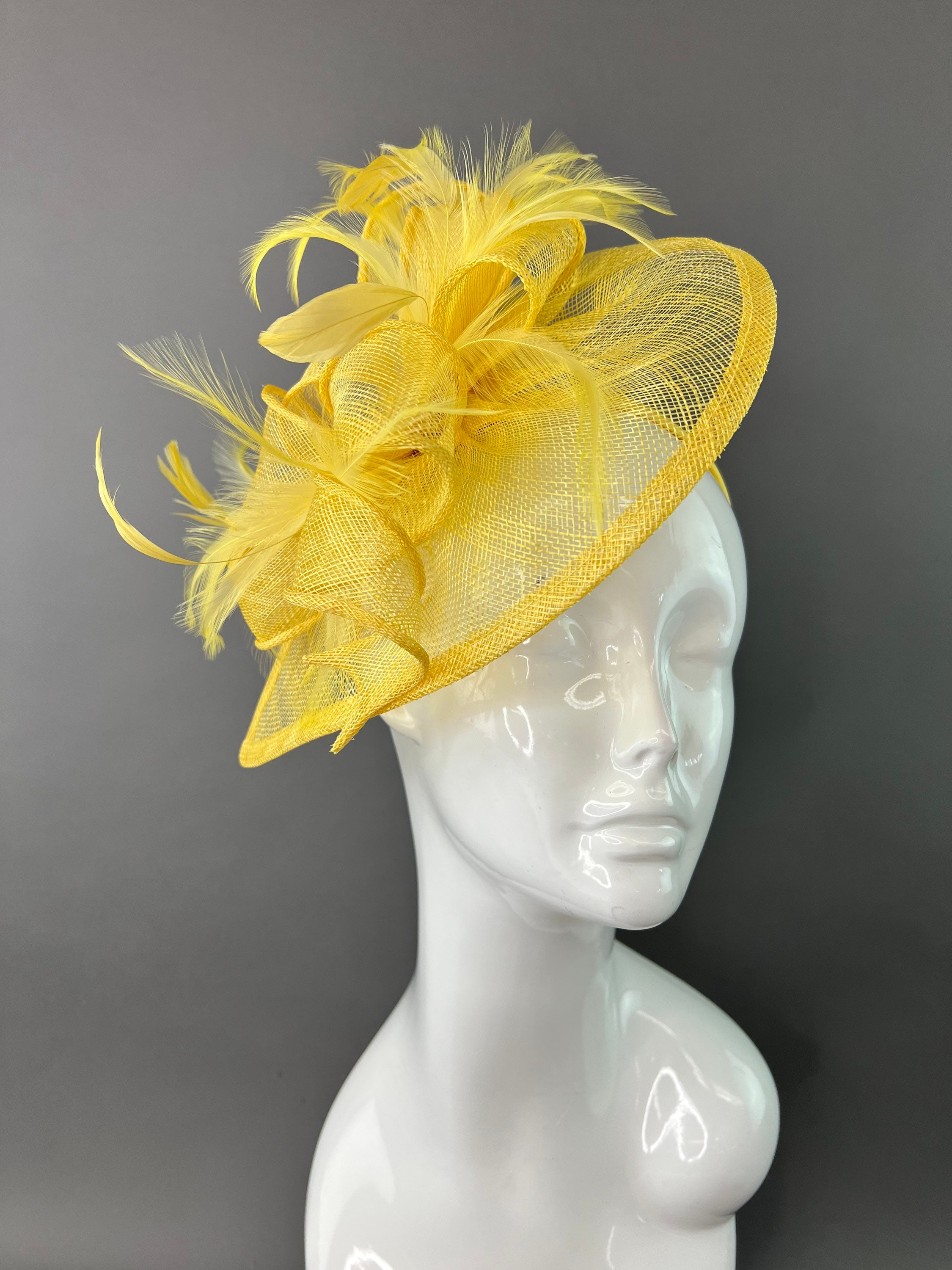 Yellow fascinator! It’s elegant and classy! Easy to wear. Contact for custom hat Extra Large Yellow Kentucky Derby Fascinator: Wedding, Tea  main image 3