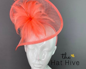 Coral Fascinator on headband, Coral Pink, Tea Party Hat, Church Hat, Kentucky Derby Hat, Fancy Hat, Wedding Hat, British Hat, Coral Hat