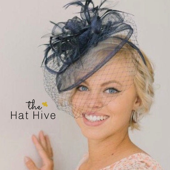 Navy Blue Fascinator With Veil on Comfortable Headband. Tea  display picture 3