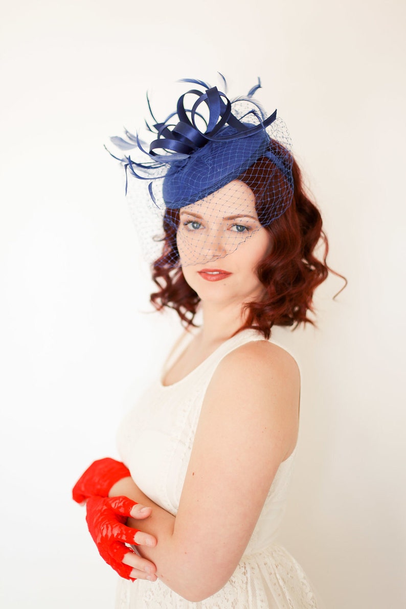 Church Hat Ivory Hat Fancy Hat Navy Blue Fascinator with Veil Derby Hat British Hat wedding hat Womens Tea Party Hat