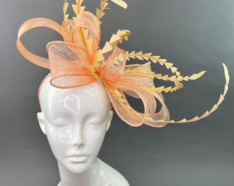 Peach Bow fascinator on headband, Kentucky derby hat, high tea fascinator, peach fascinator, peachy pink fascinator