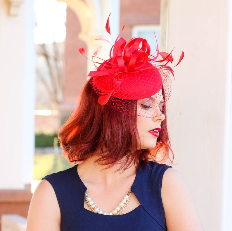 Red Fascinator With Veil Tea Party Hat Church Hat Kentucky Etsy UK