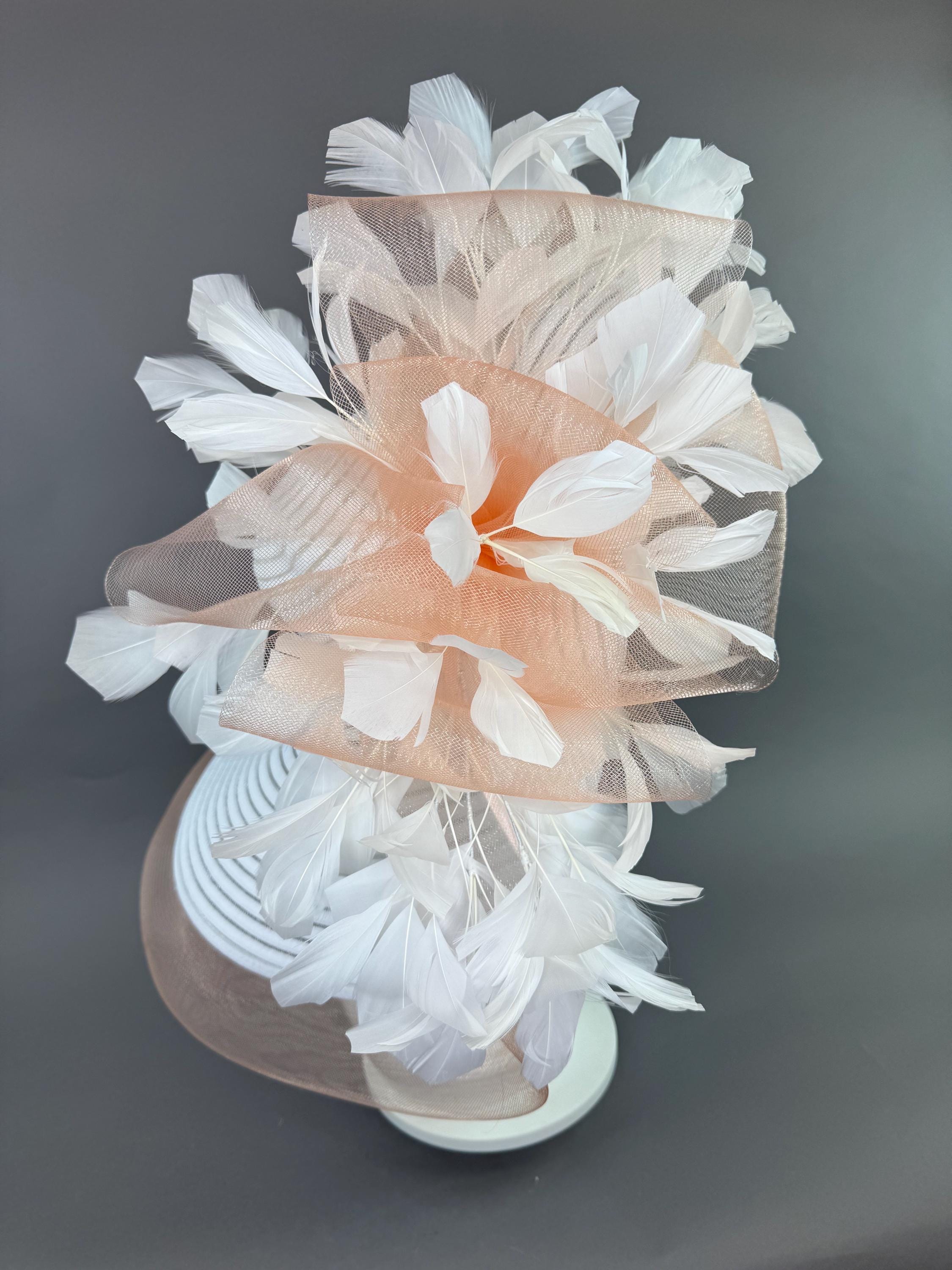 White and Peach Kentucky Derby Hat, Ladies Formal Hat 