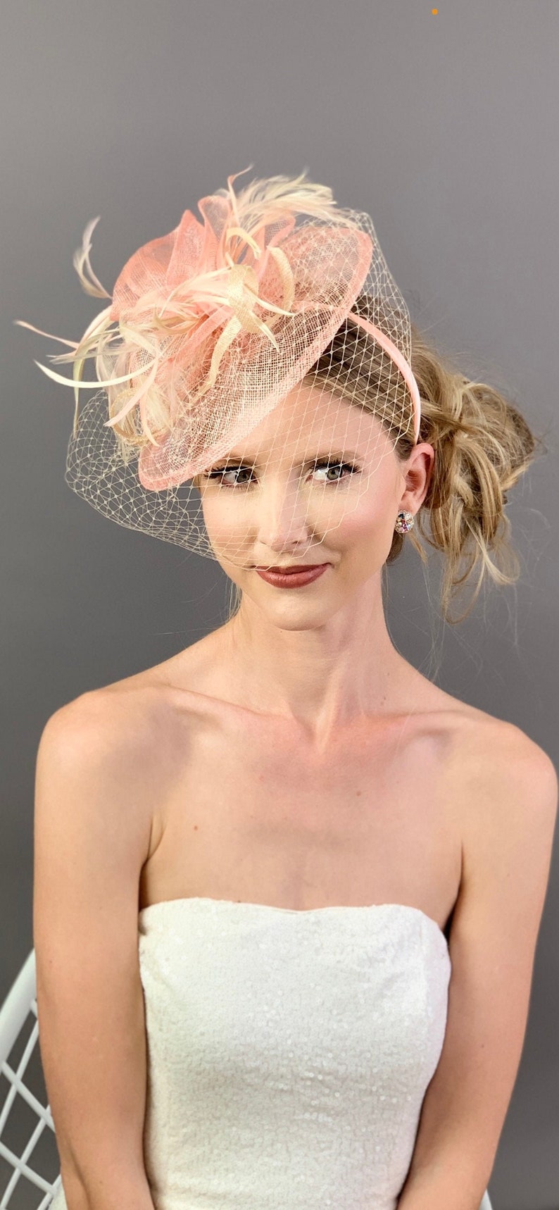Peach and Champagne Fascinator on headband, The Brynlee, Women's High Tea Party Hat, Hat with Veil, Kentucky Derby Hat, wedding hat, image 3