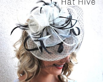 Ivory & Black Fascinator, Womens Tea Party Hat, Hat with Veil, Kentucky Derby Hat, Fancy Hat, Tea Party Hat, wedding hat, British Hat