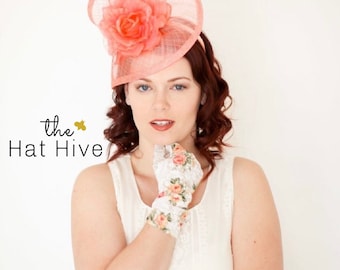 Coral Pink Fascinator on headband Tea Party Hat Church Hat Kentucky Derby Hat Fancy Hat Pink Hat Wedding Hat, British Hat, Coral Hat