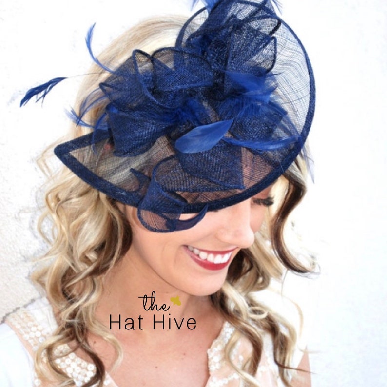 Navy Blue Fascinator on headband, Style: The Kenni, Women's Tea Party Hat, Derby Hat, Fancy Hat, wedding hat, Kentucky Derby Fashion image 1