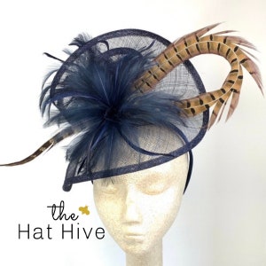 Navy Blue Fascinator with Pheasant Feather attaches with headband, Women's Tea Party Hat, Derby Hat, Wedding Hat, Kentucky Der
