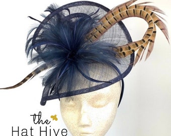 Navy Blue Fascinator with Pheasant Feather attaches with headband, Women's Tea Party Hat, Derby Hat, Wedding Hat, Kentucky Der