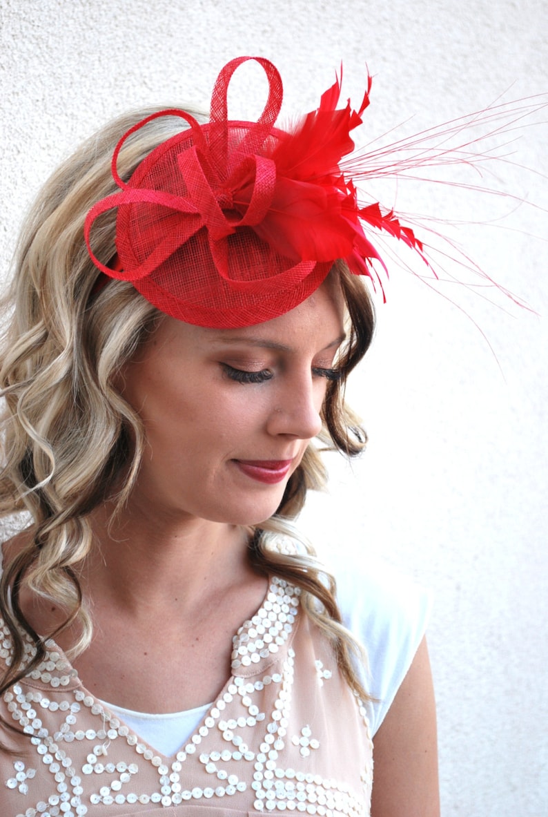 The Haleigh Red Fascinator Tea Party Hat Church Hat Derby Etsy