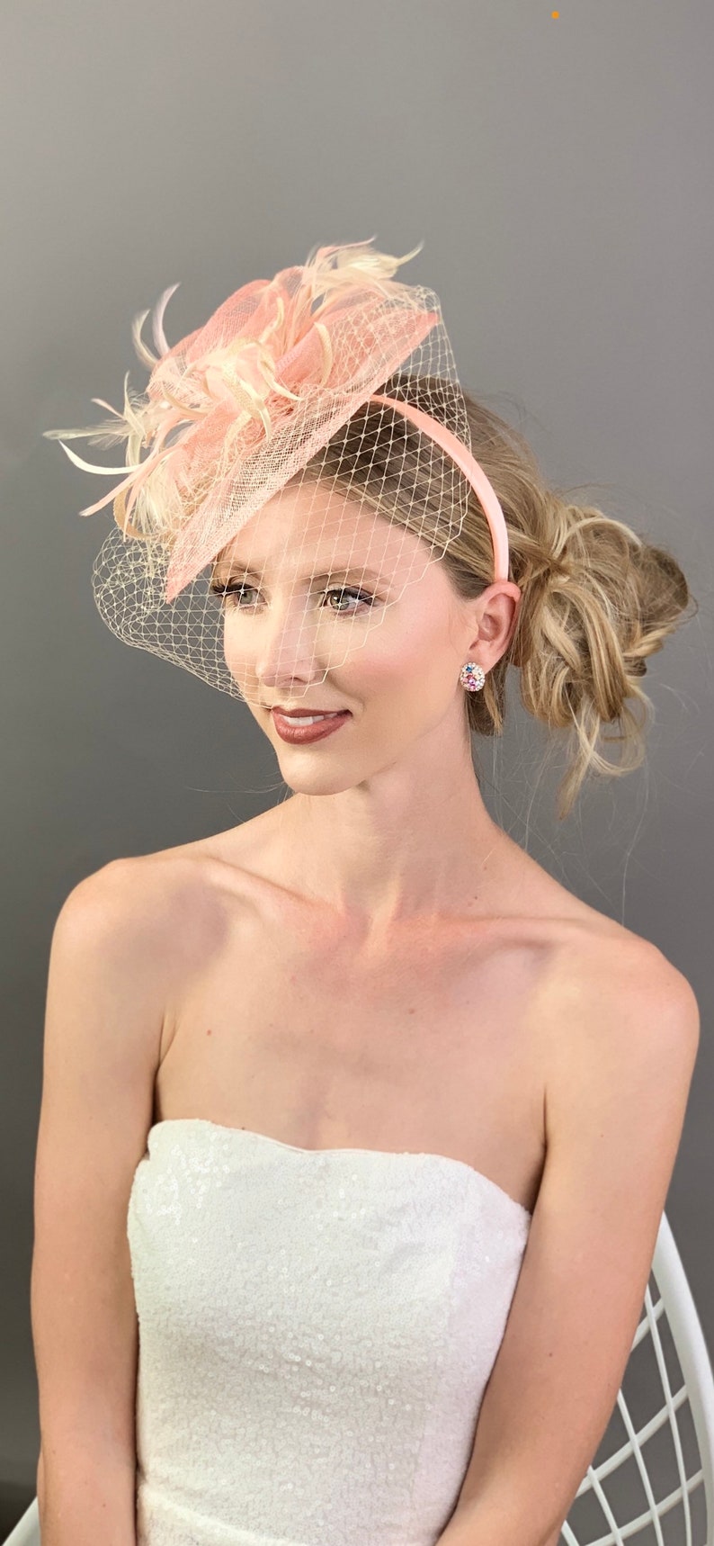 Peach and Champagne Fascinator on headband, The Brynlee, Women's High Tea Party Hat, Hat with Veil, Kentucky Derby Hat, wedding hat, image 4