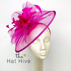 Fuchsia Pink Fascinator Hat on Headband for Weddings Tea Parties Derby Day Bridal Showers Races or Vintage Formal Outfits feather piece
