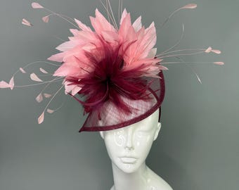 Merlot Maroon with light pink feather fascinator hat Womens Tea Party Hat Church headpiece Derby Hat Fancy womens formal headpiece