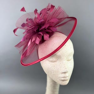 May include: A pink and red fascinator with a large feather flower and a circular base.
