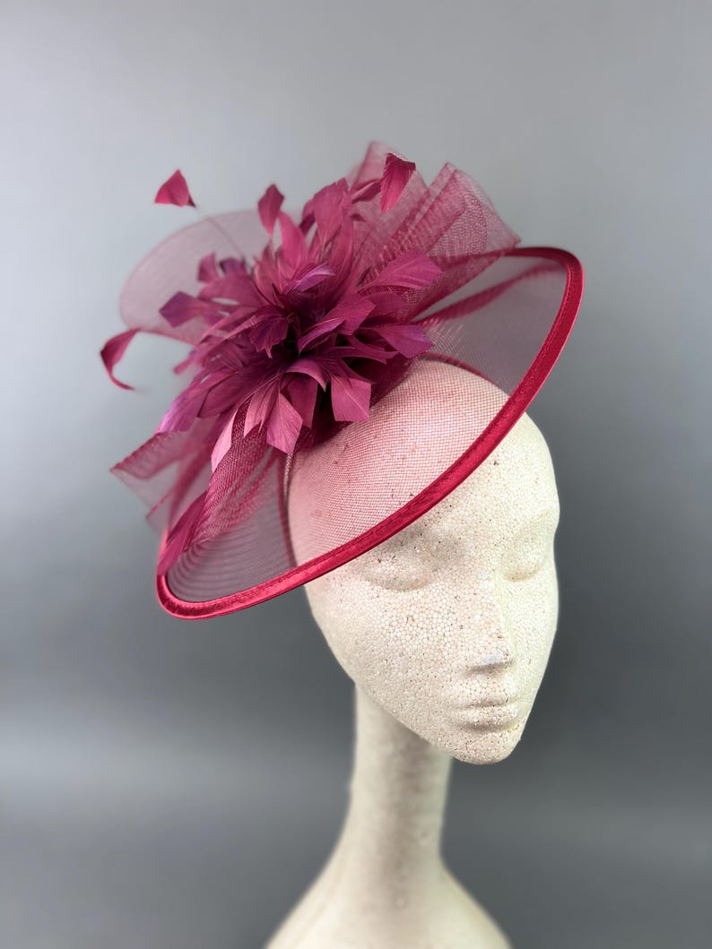 May include: A pink and red fascinator with a large feather flower and a circular base.