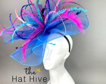 Turquoise color spray crinoline Fascinator on Headband - Kentucky Derby Hat - Women’s High Tea Party Hat, Church Hat, Fancy Hat, wedding hat