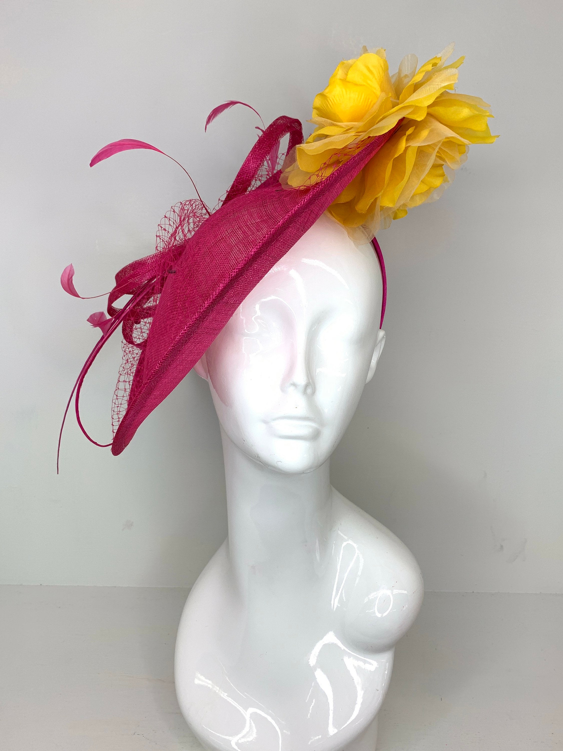 Pink and Yellow Fascinator attaches with headband Derby Hat Etsy