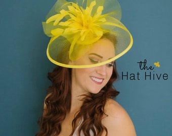 Yellow Crinoline Fascinator on headband, Yellow Derby Hat, Wedding Hat,  Women's Tea Party Hat, Fancy Hat, Cocktail Hat, wedding hat