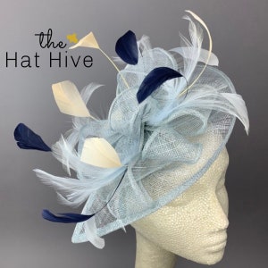 Baby Blue Fascinator with navy and cream feathers Women&#39;s Tea Party Hat, Church Hat, Kentucky Derby Hat Fancy Hat Navy Blue wedding hat