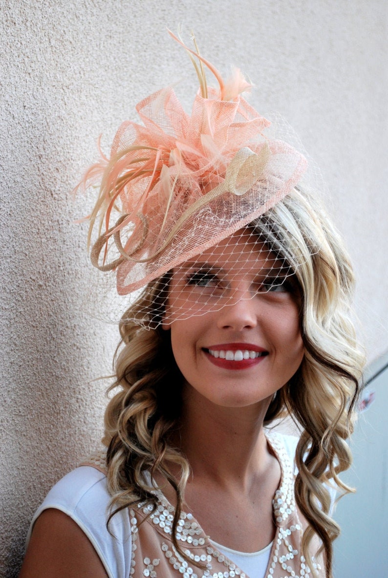 Peach and Champagne Fascinator on headband, The Brynlee, Women's High Tea Party Hat, Hat with Veil, Kentucky Derby Hat, wedding hat, image 2