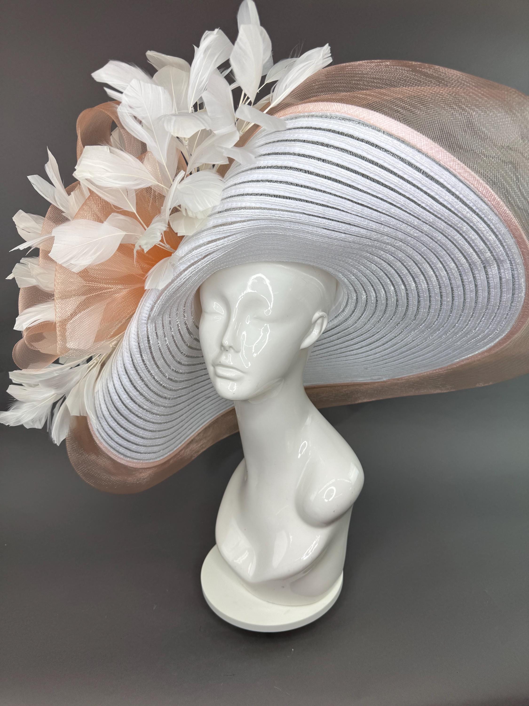 Lt. Peach fancy, lace Derby, High Tea, Church hat (012) White and Peach Kentucky Derby Hat, Ladies Formal Hat  main image 2