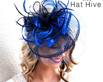 Navy Blue Hot Pink Large Teardrop Fascinator Hat Wedding  display picture 1