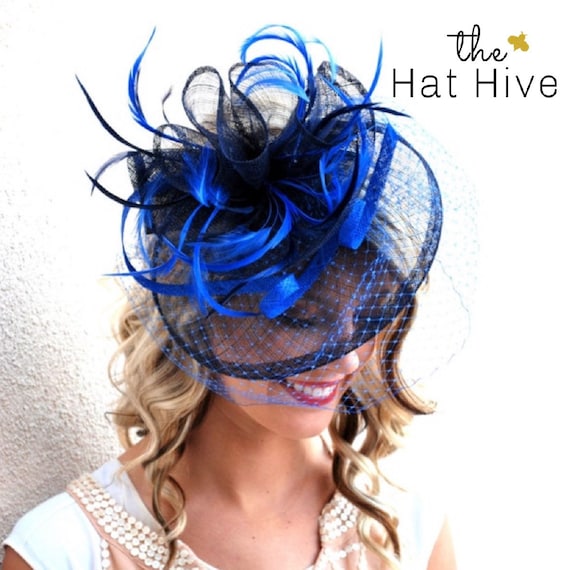 Vintage Blue Fascinator Hat Veil Pearls Wedding Church Tea Party Formal Derby Navy Blue Feather Fascinator Hat With Veil, Bridal, Wedding  main image 4