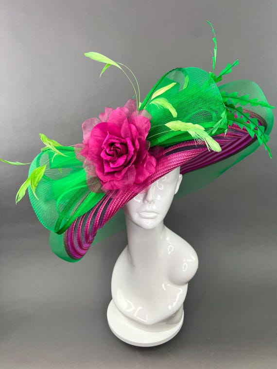 Pink and Green Derby-Style Hat with Ribbons Wide Brim Kentucky Derby Hat, Ascot Hat for Wedding & Tea  main image 3