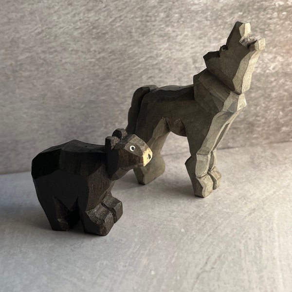 Wooden Animal Figures, Wolf Sculpture, Bear Sculpture, Wood Carving