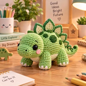 May include: A green crocheted stegosaurus plush toy with dark green spots, cream-colored back plates, and a cream-colored belly. The dinosaur has large black safety eyes, a small pink blush on each cheek, and white accents on its feet and tail.