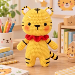 Pode incluir: Um peluche de tigre em croché amarelo com riscas pretas, orelhas redondas, olhos pretos e bochechas cor-de-rosa. O tigre usa um colarinho vermelho com folhos à volta do pescoço e tem uma cauda às riscas. O brinquedo é feito com pontos densos.