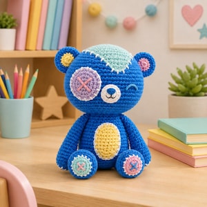 Oso de peluche de patchwork de ganchillo, oso de peluche amigurumi hecho a mano, animal de peluche adorable, decoración para guardería, regalo para baby shower, juguete para niños