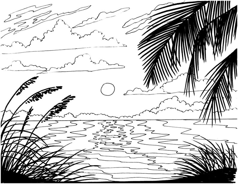 Download Beach Sunrise coloring page embroidery pattern beach art ...