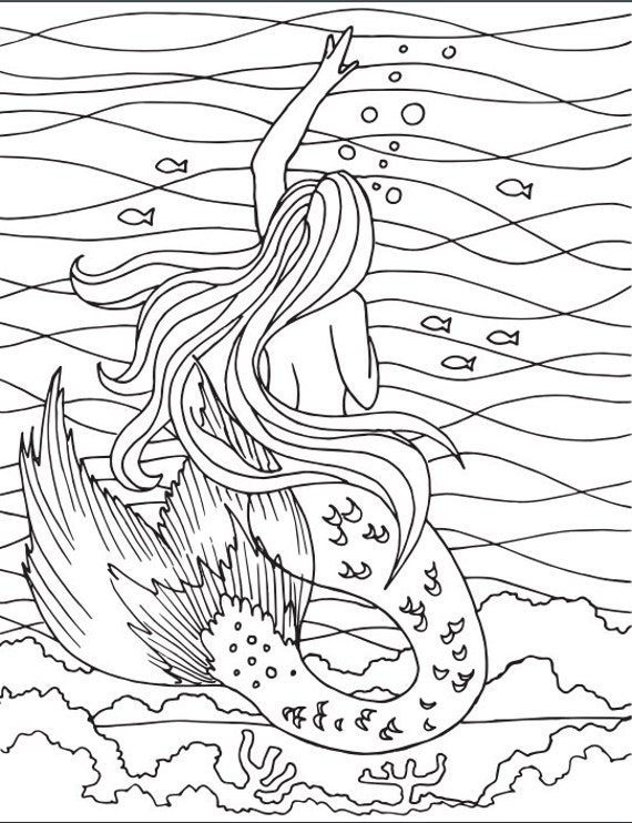 Mermaid coloring page Embroidery Pattern Mermaid art | Etsy