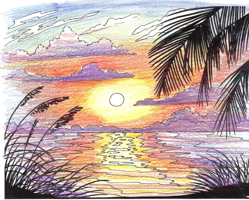 Beach Sunrise Coloring Page Embroidery Pattern Beach Art - Etsy