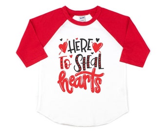 Here to steal hearts - kids valentine's day raglan shirt - red and black valentines day tee - boy valentines day shirt - girl vday tee