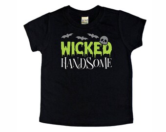 halloween toddler boy, toddler halloween tshirt, kids halloween shirt, kids horror shirt, wicked handsome, skull, bats