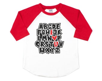 toddler valentine shirt, boys valentine shirt, valentines day shirt baby boy, girls valentine shirt, valentines raglan, I heart you alphabet