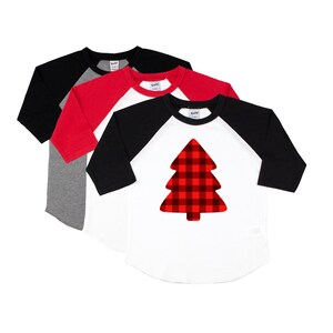 Christmas tree shirt, baby boy Christmas shirt, buffalo plaid tree shirt, toddler boy Christmas shirt, Christmas raglan, plaid christmas