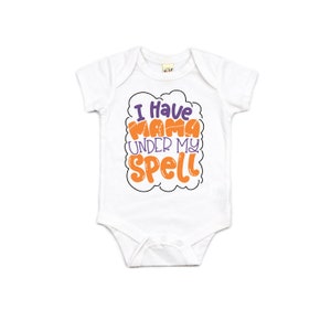 May include: White baby onesie with orange and purple text that reads "I have mama under my spell".