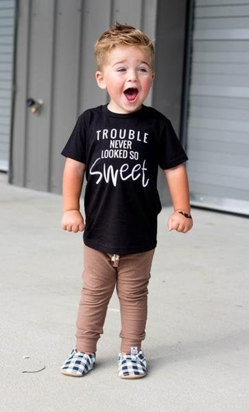 trendy kids clothes, kids graphic tee, boy shirts, toddler tee, girl shirt, trouble maker shirt , screen printed, funny kids shirt, t shirt image 1