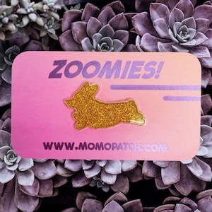 Gold Glitter Zoomies Hard Enamel Corgi Pin